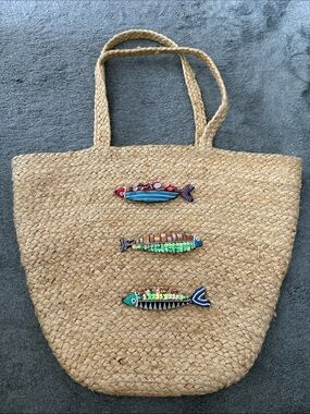 ASOS Natural Straw Tote with Colorful Fish Appliqués